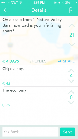 Yik Yak users can banter back and forth on posts through the "Yak Back" feature.
