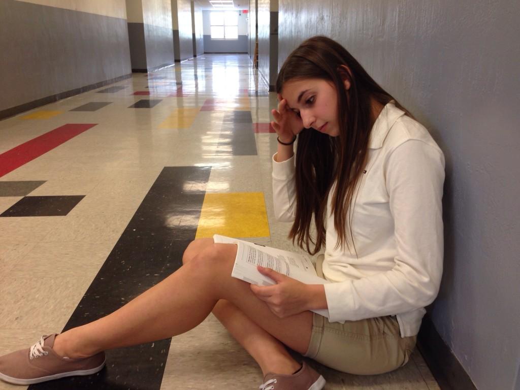 Sophomore Sophia Castro takes time to study for an upcoming Spanish test while practicing the best way to prepare for an exam; with silence!