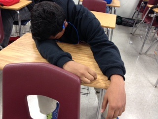 This student decided to skip out on breakfast and, as a result, dozed off in class.