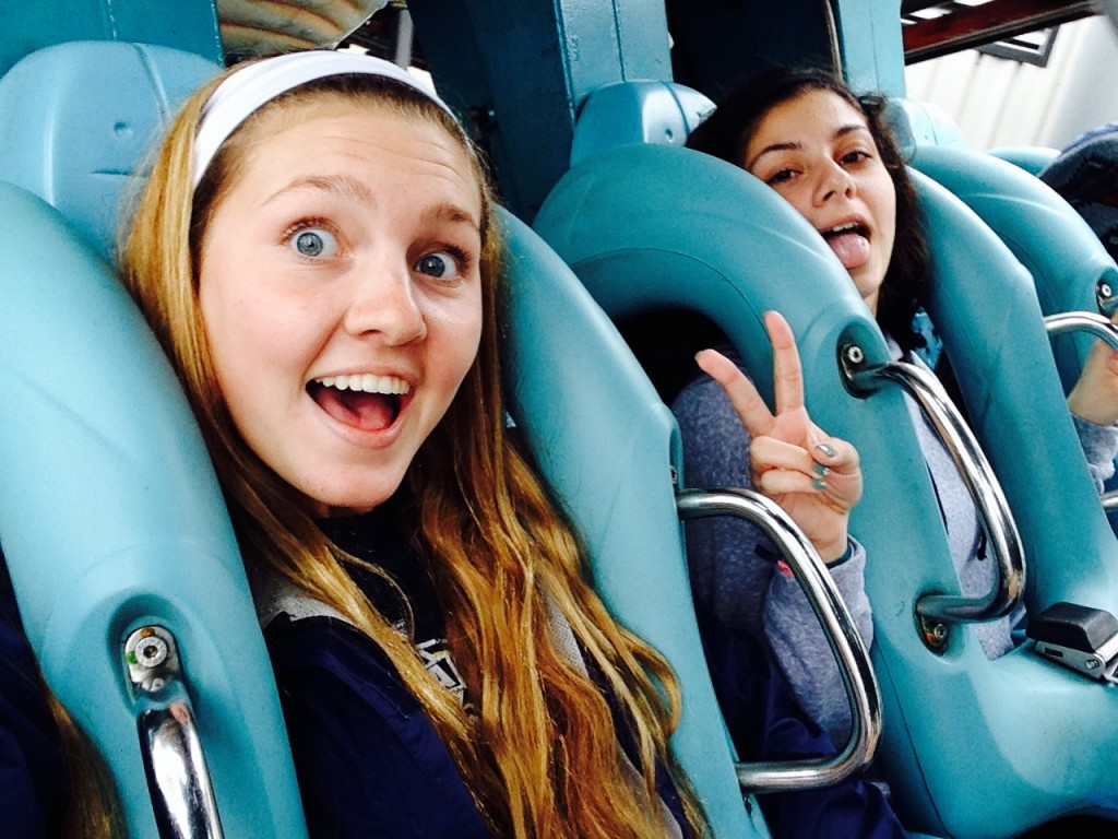 Sophomores Cathryn Cordes and Gaby Sanchez  take a quick selfie before riding one of the Dueling Dragons!