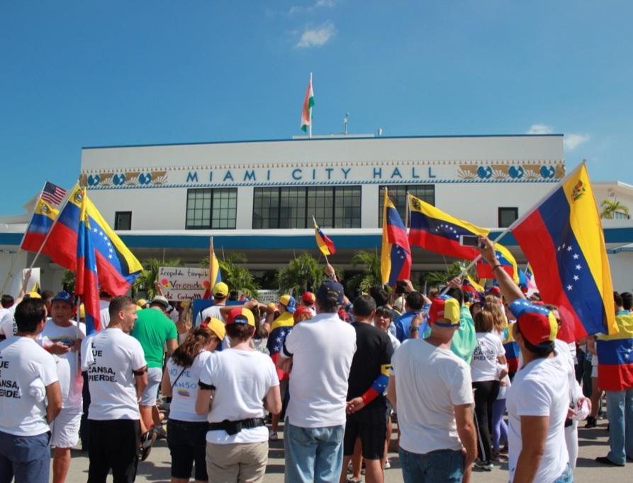 People are gathered at the Miami City Hall to support Venezuela. 