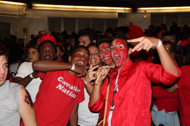 Spirited Cavaliers pose in celebration of Color War.