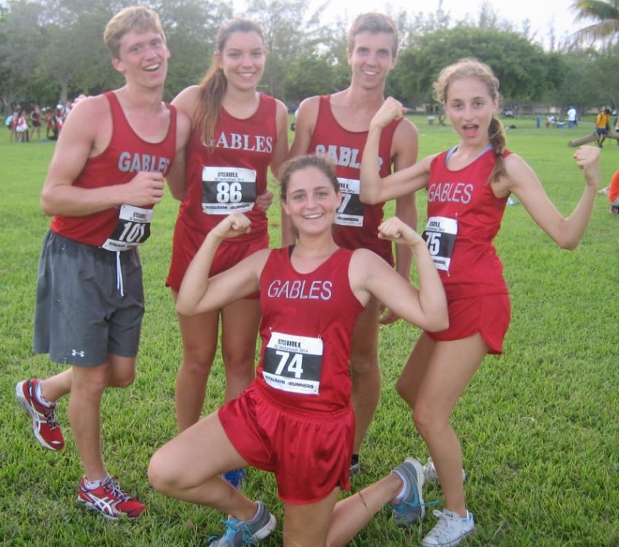 Cross country runners  Nicolas Viglucci, Allison Pena, Alexander Elortegui, Eleonor Bauwens and Caroline Bauwens at the King of the Hill Invitational. 