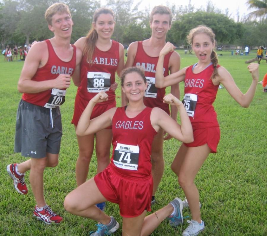 Cross country runners  Nicolas Viglucci, Allison Pena, Alexander Elortegui, Eleonor Bauwens and Caroline Bauwens at the King of the Hill Invitational. 