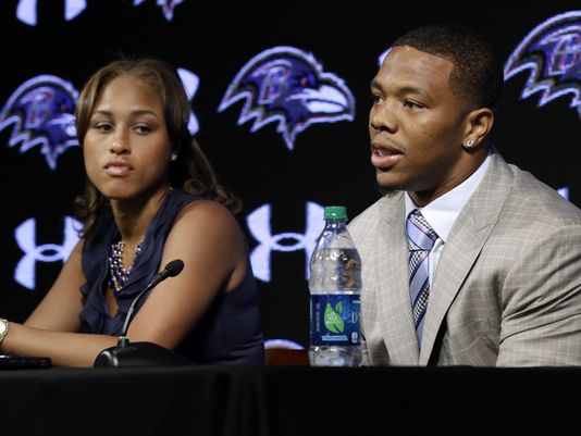 Ray Rice and his fiancé at a press conference, where he apologized for assaulting her in an elevator this past winter.