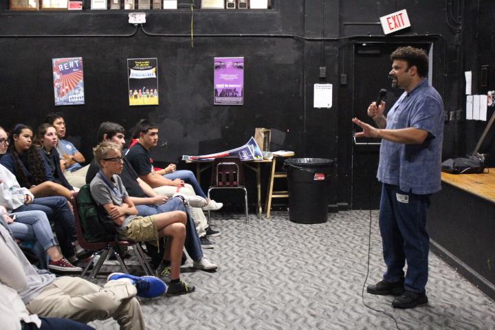 Neal Shusterman presents in front of Ms. Barrow's drama class.