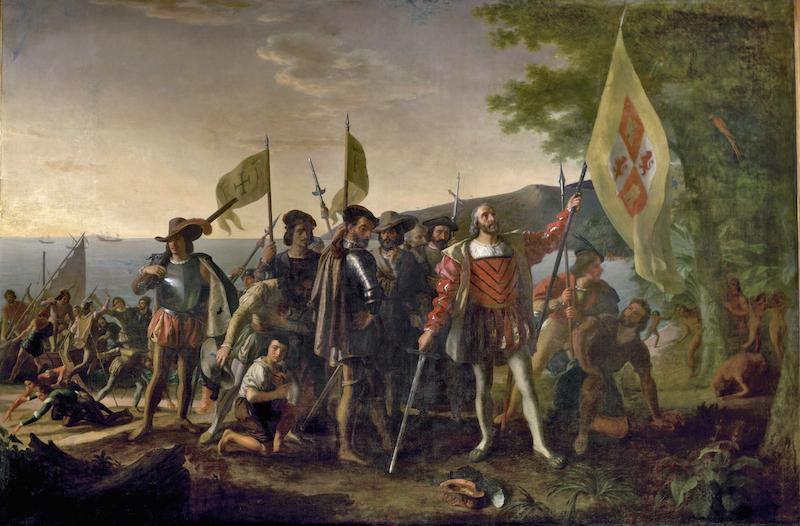 Columbus landing on the shores of what he named San Salvador.