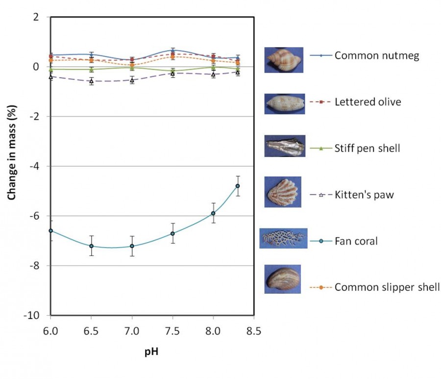 This is one graph from Tansel's research illustrating the change in the mass of exoskeletons exposed to saltwater at different pH levels.