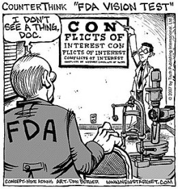 Political cartoon satirizing the oblivious nature of the FDA towards the conflict of interest. 