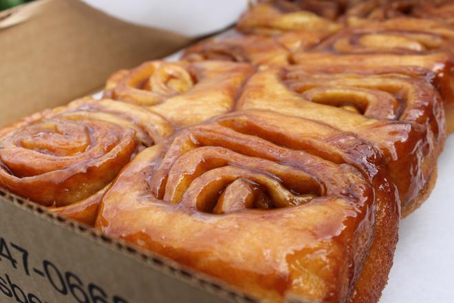 A close-up of the delicious cinnamon rolls at Knaus Berry Farm