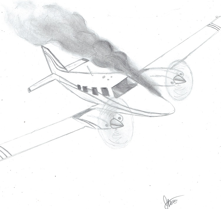 
Depicted is a Piper PA 34 Seneca Aircraft  with a smoking Engine.