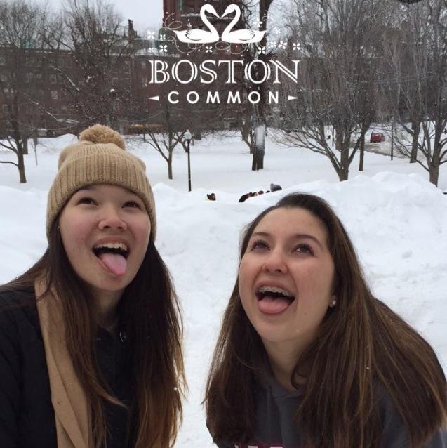 Senior Jessie Wang and junior Sabrina Ochoa catching snow flakes in Boston Common.