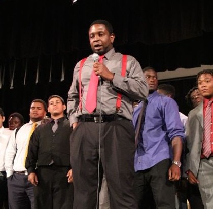 Coach Pollard at the Columbus v Gables pep rally