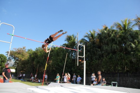 Hanna Schiefer clearing the bar in the girls pole vault.