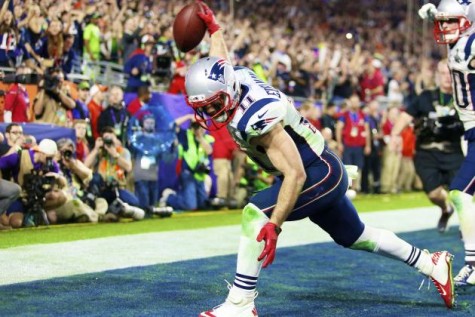 The Patriots #11 John Edelman celebrating after scoring the Game winning touchdown for the Patriots.