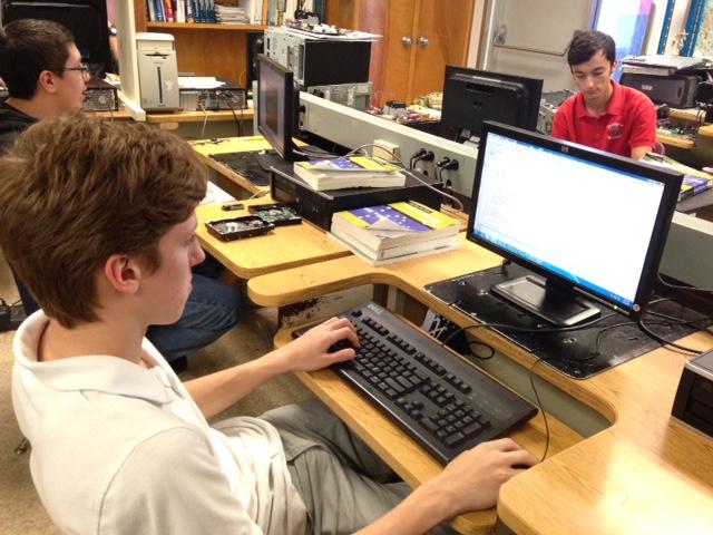 Freshman Connor Drucker in computer programming class.