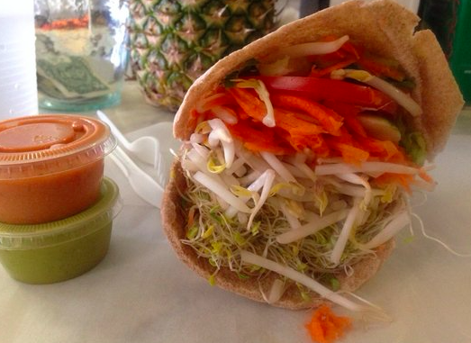 A tasty pita sandwich filled with fresh vegetables. Try your own at the Last Carrot!