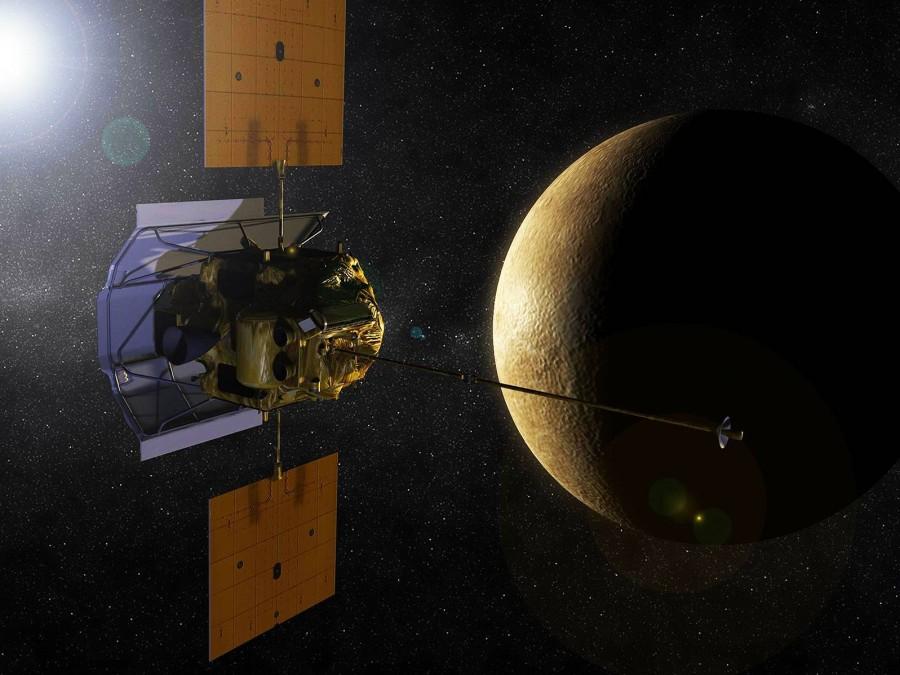 Artist's presentation of the Messenger spacecraft orbiting Mercury.