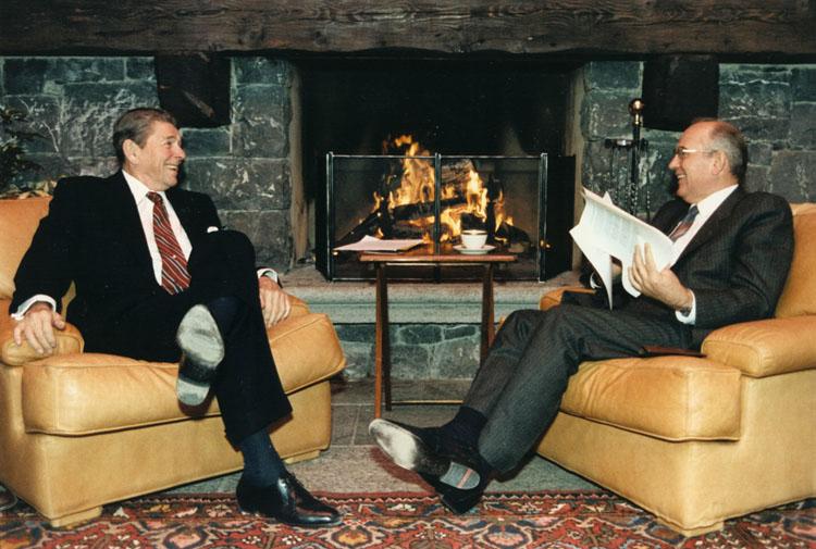 Former CPSU General Secretary Mikhail Gorbachev converses with former U.S. President Ronald Reagan.