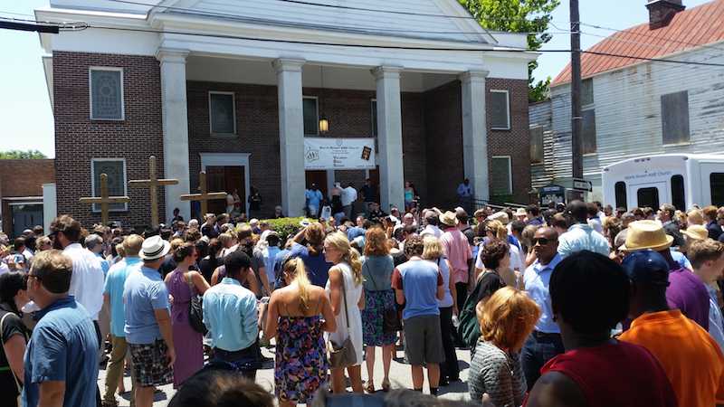 Crowds gather at the memorial service for the Charleston Shooting victims.