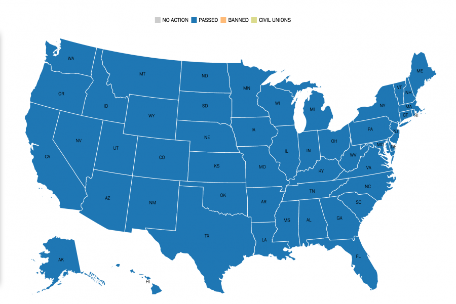 A map displaying where same sex marriage is legal in the U.S., as of June 26, 2015.