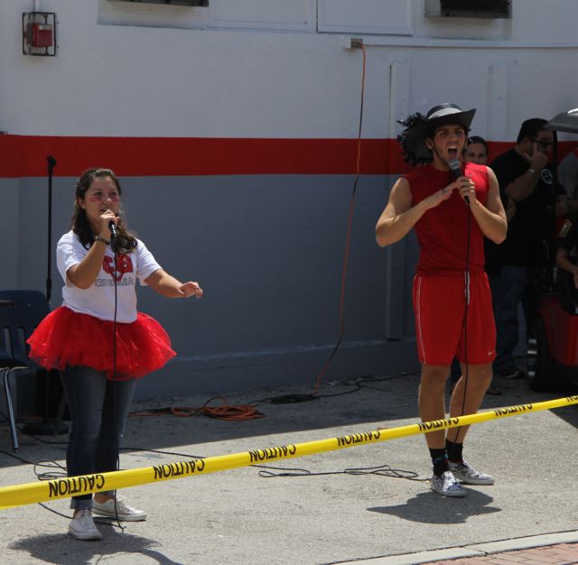 Pep Rally Hosts Sabrina and Alejandro pump up the crowd.