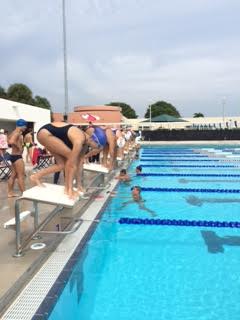 The swimmers take their marks at the start of the 50 yard freestyle.