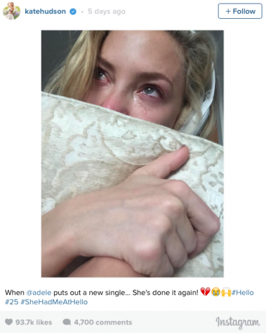 Actress Kate Hudson posts on instagram her reaction after hearing "Hello". 