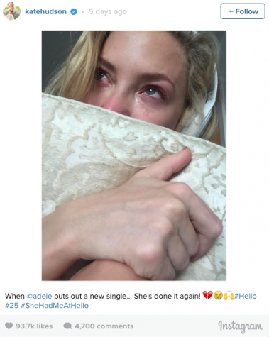 Actress Kate Hudson posts on instagram her reaction after hearing "Hello".