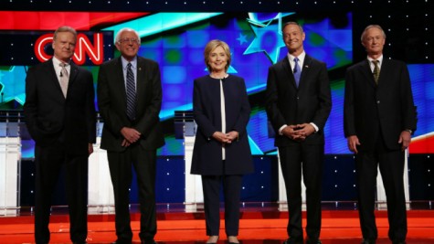 Starting from left, Jim Webb, Bernie Sanders,Hilary Clinton,Martin O'Malley, and Lincoln Chafee