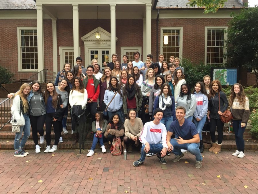 The 2015 Out-Of-State College Tour group posing in front of UNC Chapel Hill.