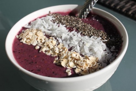 Smoothie Bowl: topped with Chia Seeds, Rolled Oats and Unsweetened Coconut Flakes.
