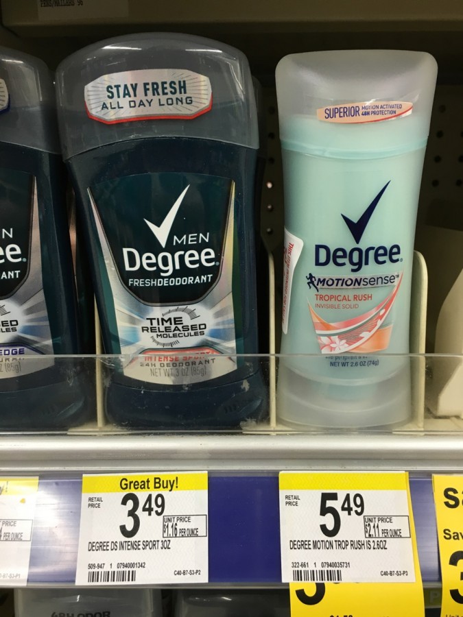 The deodorant for women is $2 more expensive than the one for men, despite the fact  that the womens one is smaller.