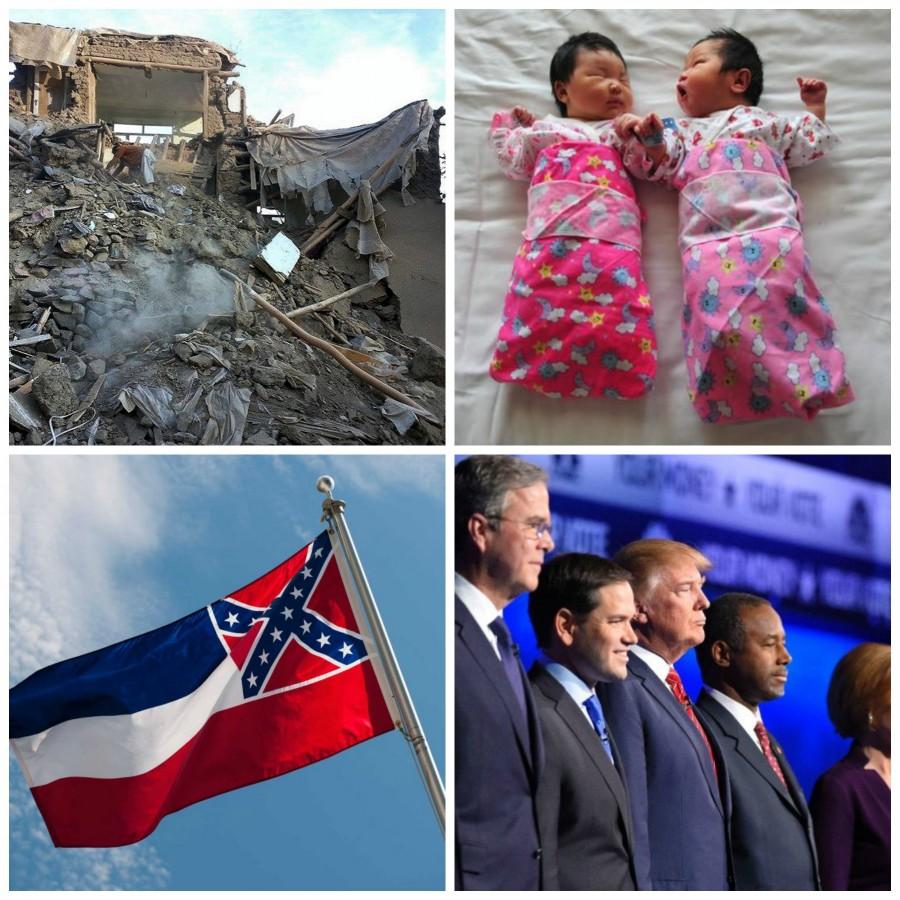 This weeks news features the earthquake in Afghanistan, Chinas change in policy, Ole Miss flag controversy and the third GOP debate.