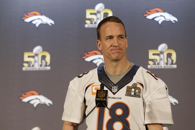 Manning at a press conference after Super Bowl 50