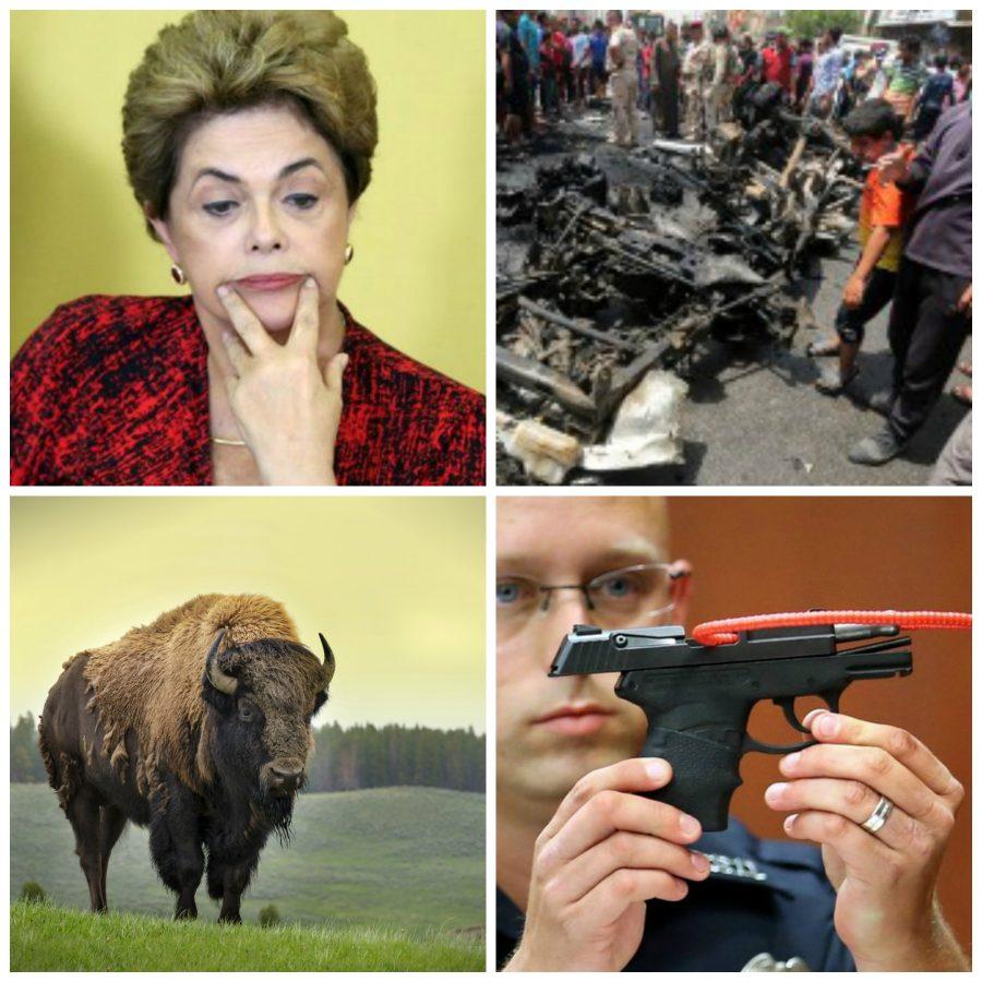 In news this week: Rousseff impeachment process picks back up, ISIS claims string of attacks across Iraq, the bison is now the US national mammal and George Zimmerman attempts to sell the weapon used in the Trayvon Martin shooting. 