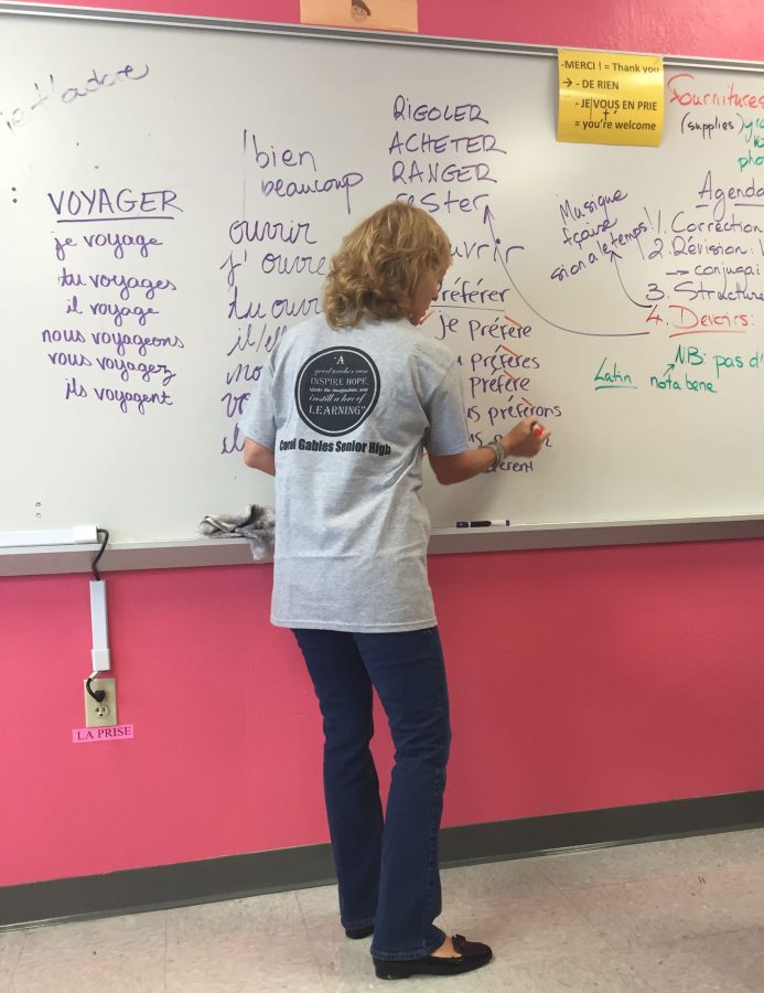 Mrs.+Rouit+teaches+students+how+to+conjugate+verbs+in+front+of+her+pink+walls.