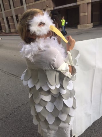 Junior ____ is wearing a White Egret costume to represent the Coral Gables Museum.