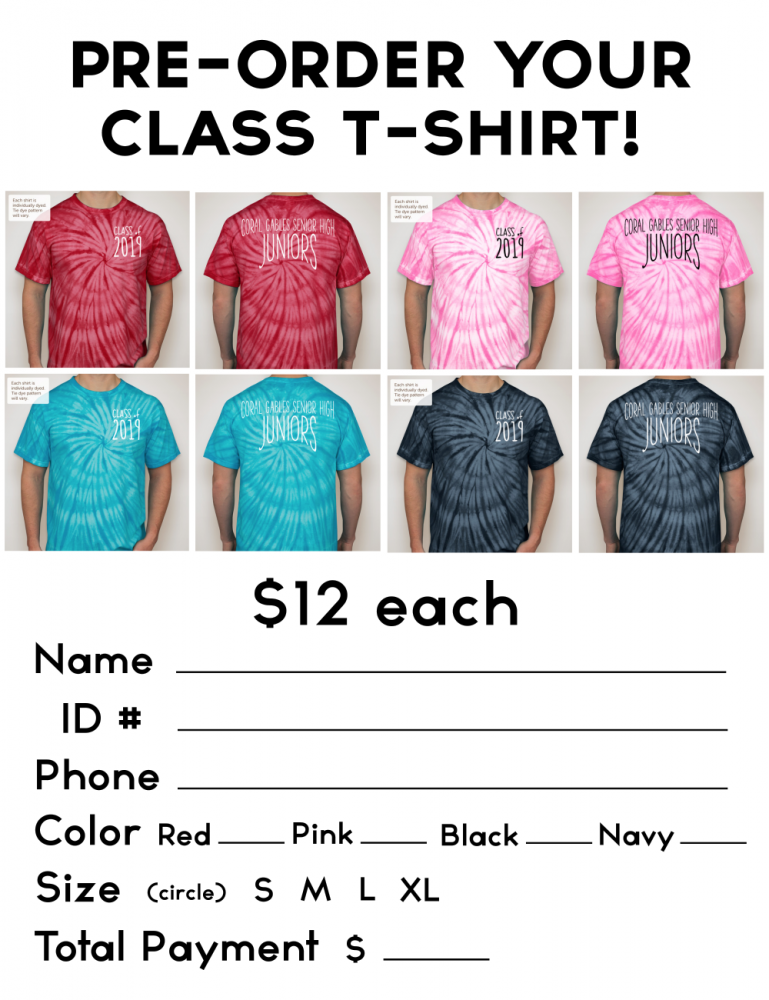 Junior class shirt pre-order form.