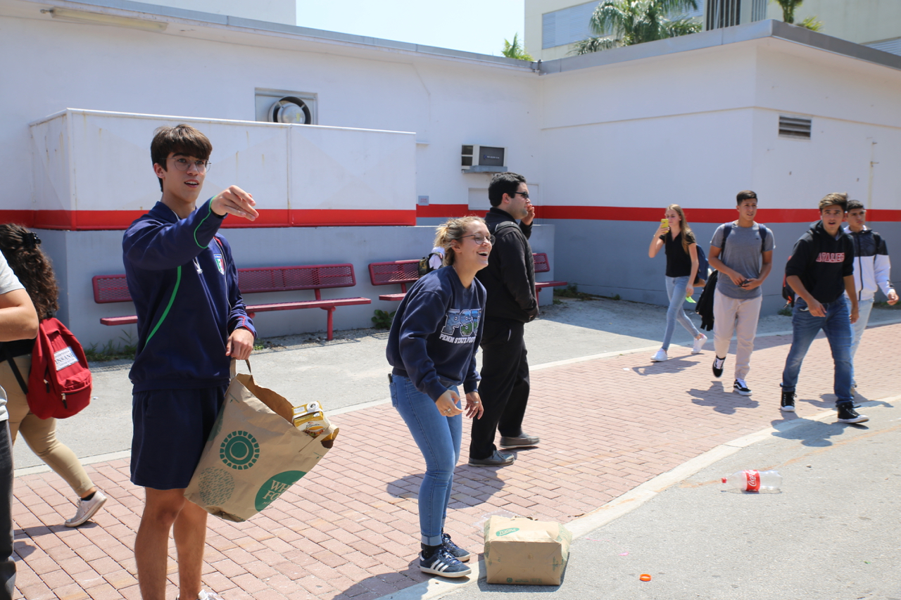 Seniors play a recycling game set up by Gables Earth.