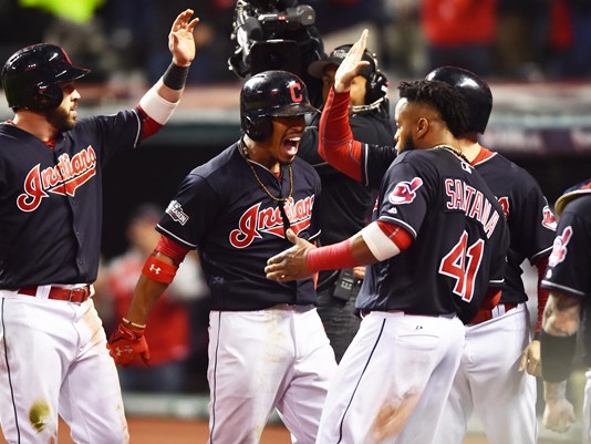 Francisco Lindor of the Indians celebrates a home run.