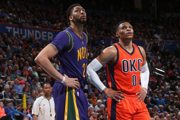Russell Westbrook next to Anthony Davis of the New Orleans Pelicans
