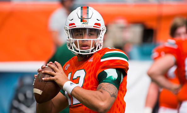 MIAMI GARDENS, FL - NOVEMBER 05: University of Miami Hurricanes Quarterback Malik Rosier (12) throws the ball before the start of the NCAA football game between the Pittsburgh Panthers and the University of Miami Hurricanes on November 5, 2016, at the Hard Rock Stadium in Miami Gardens, FL. (Photo by Doug Murray/Icon Sportswire via Getty Images)