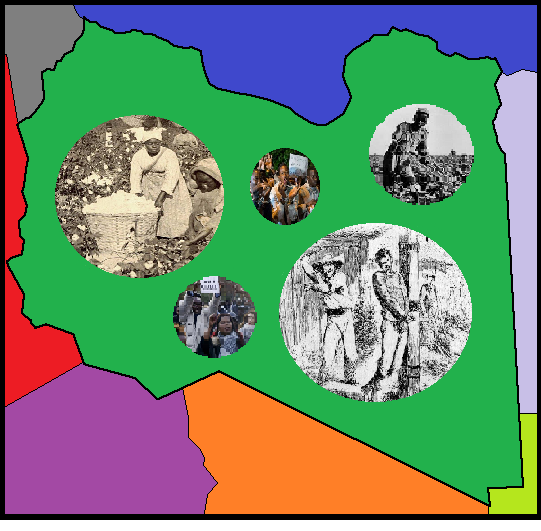 Map of Libya with pictures symbolic of slavery: working on the fields, getting whipped and people protesting in Libya