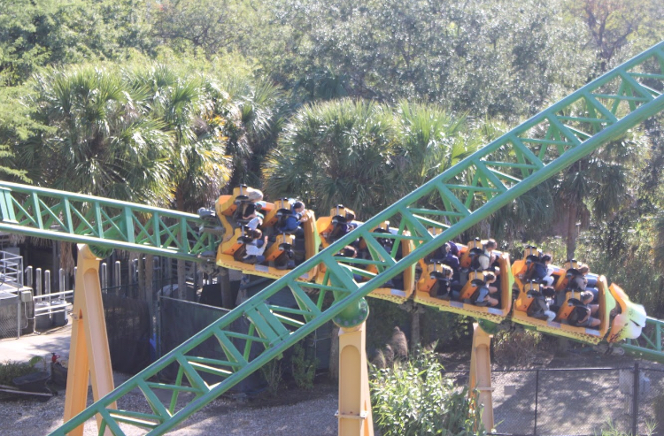 Students ride one of the many thrilling roller coasters at the park.