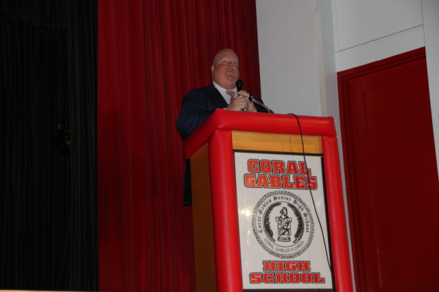 Guest speaker, Mark A. Trowbridge, President and CEO of the Coral Gables Chamber of Commerce, speaks at the ceremony.