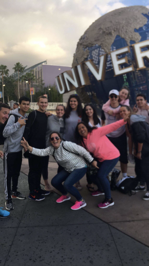 Sophomore's stand at the entrance of Universal Studios.