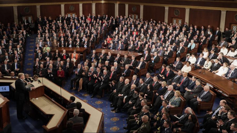 President Trump presents speech at his first State of the Union Address.