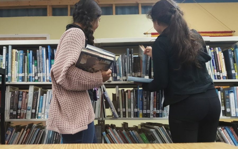 Estudiantes voluntarias haciendo servicio comunitario en la biblioteca.