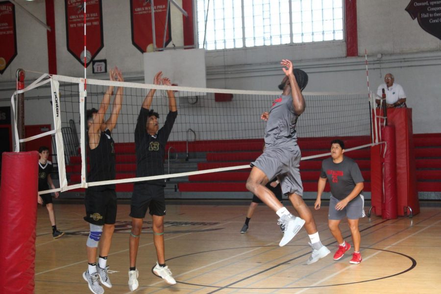 Senior+Christian+Brown+elevates+to+spike+the+ball+over+the+net.